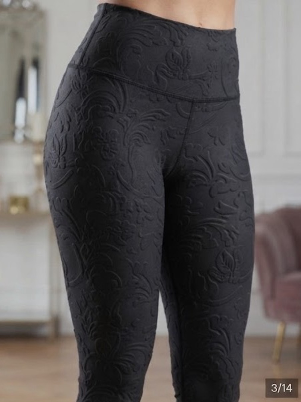 Embossed Floral Leggings - Elegant Black High-Waist